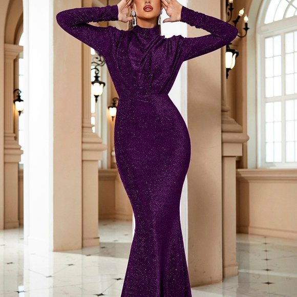 Brand New Draped Front Mock Neck Glitter Formal Gown Purple - Picture 2 of 6